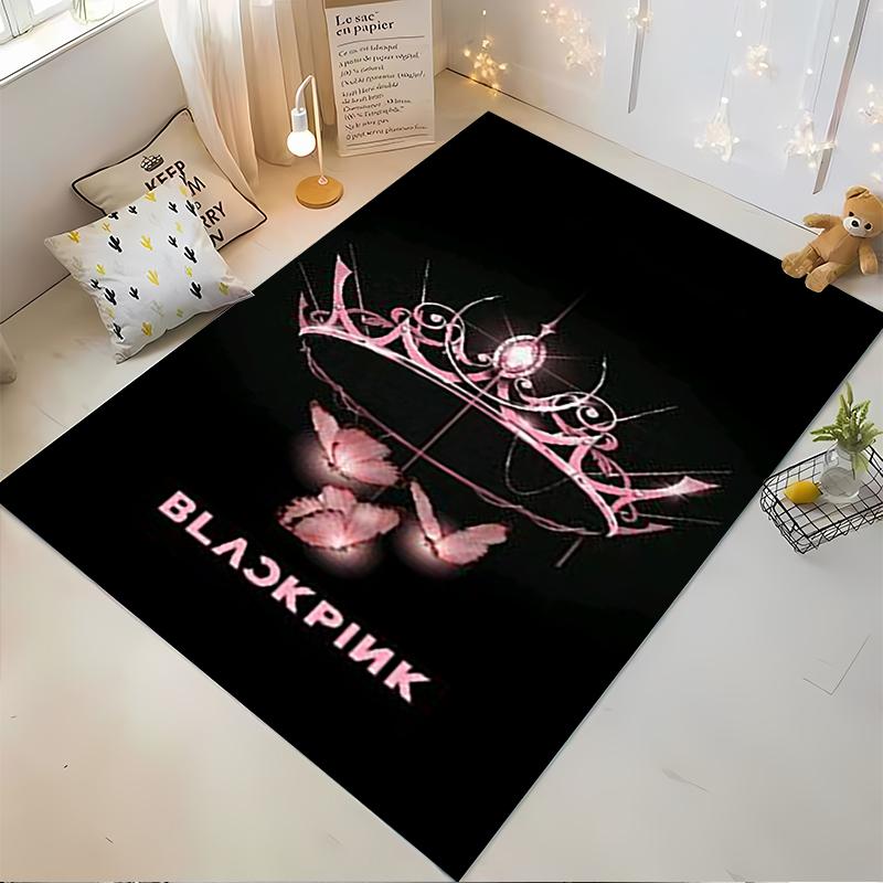 Black Stylish Carpet with Pink Crown, Butterflies, and "BLACKPINK" Text Suitable for use as an anti-slip for living room bedroom sofas