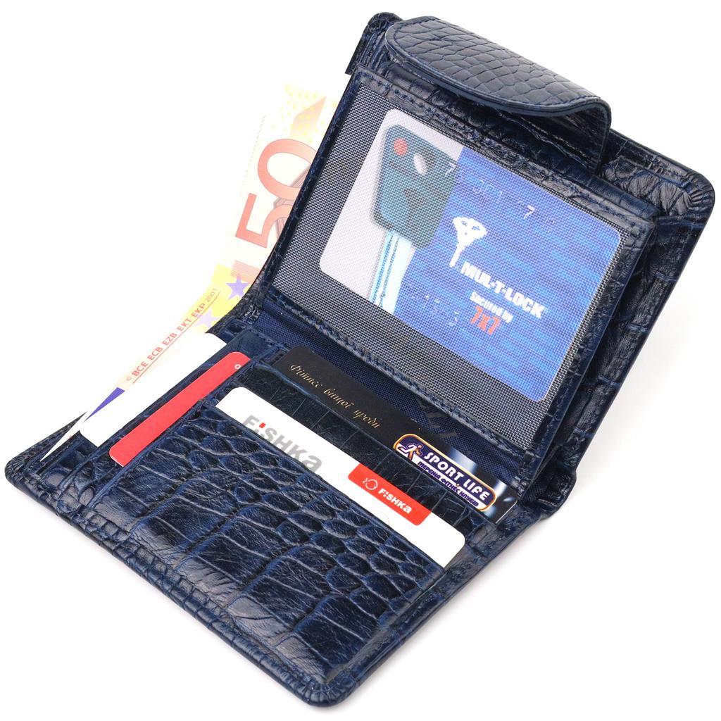 Практичный вертикальный Женский кошелек из натуральной кожи с тиснением под крокодила CANPELLINI Wallet 21677 Синий