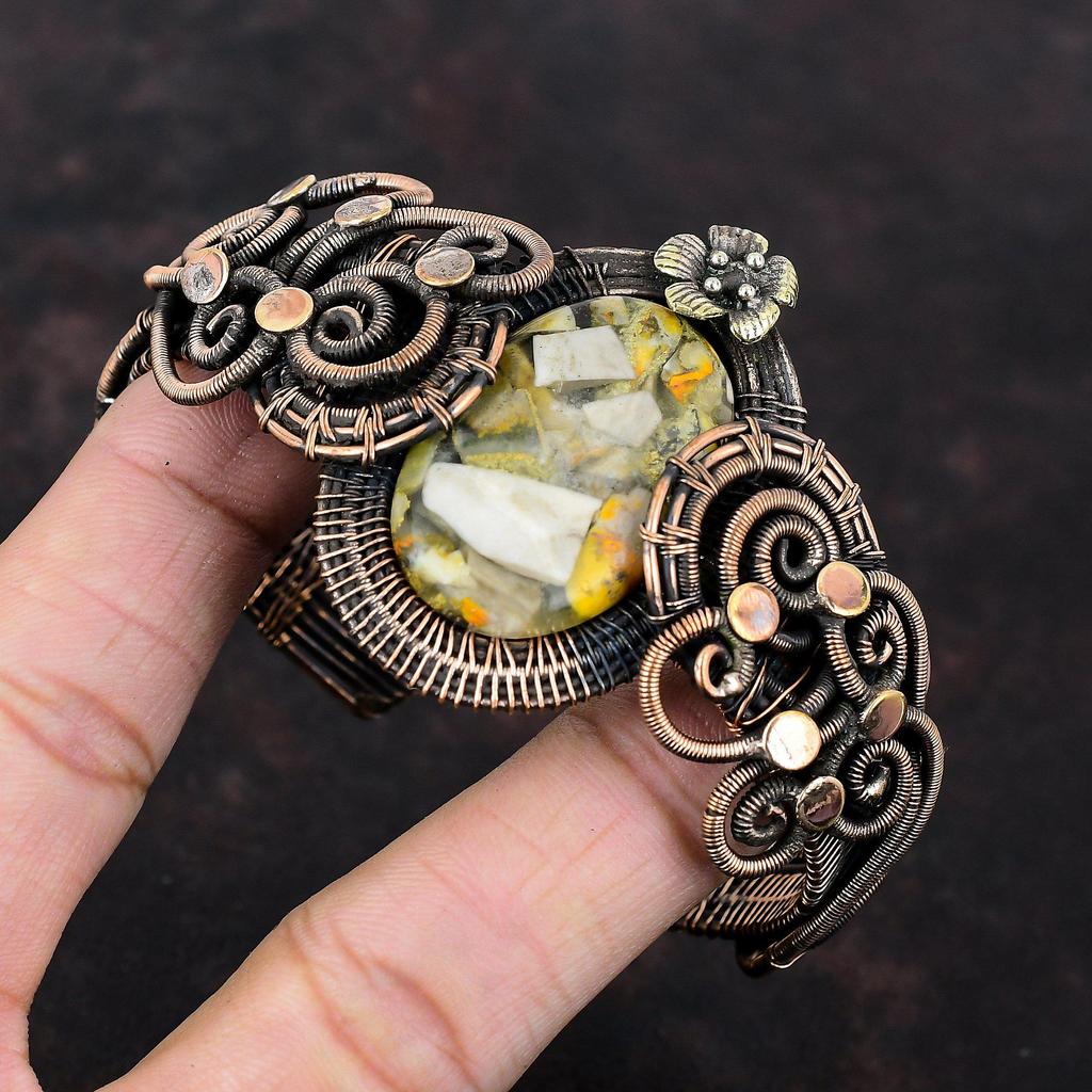 Медный браслет-манжета из яшмы с медной проволокой, браслет с драгоценными камнями, цветочные украшения, регулируемый браслет, подарок на помолвку, браслет ручной работы