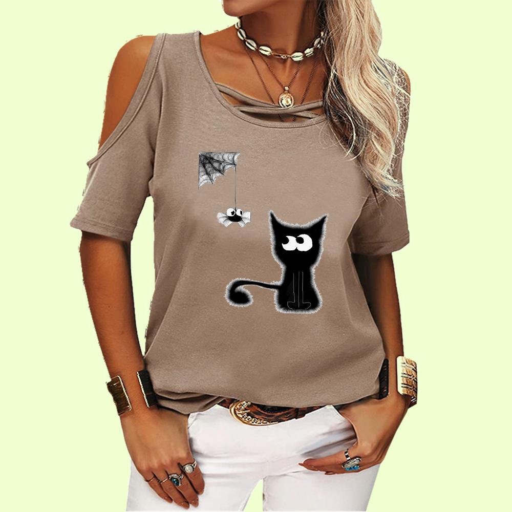 Женская модная футболка с коротким рукавом, топ с открытыми плечами, женская повседневная летняя футболка с круглым воротником и принтом кота