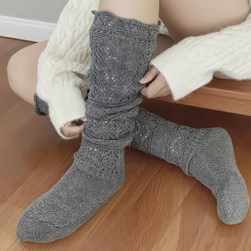 1 Pair Stockings Vintage Knitting Cotton Long Socks Winter Hollow Warm Thigh High Stocking Harajuku Knee Socks Autumn Woman