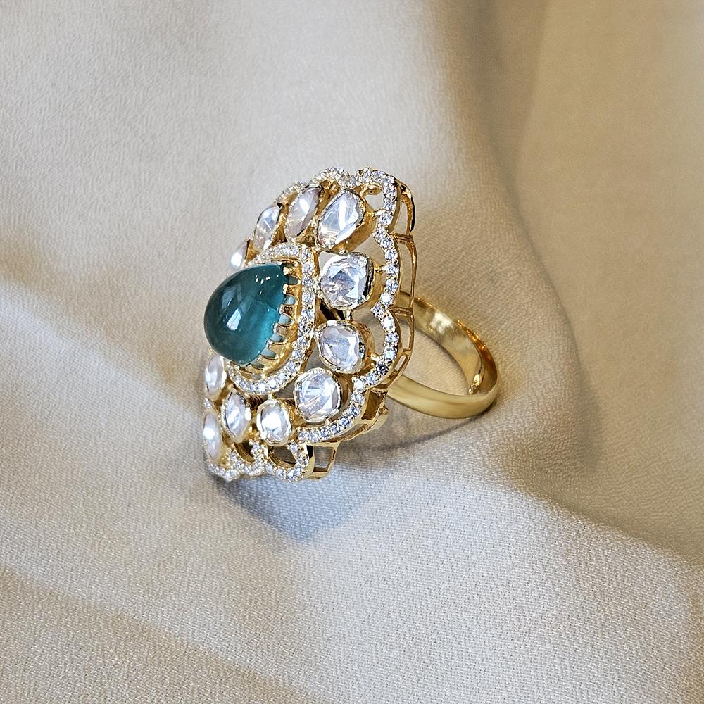 Arisha Silver Gold Plated 925 Sterling Silver Ring, Handmade Kundan Jewelry with Moissanite and Cubic Zirconia for Women, Indian Jewelry, Emerald Ring