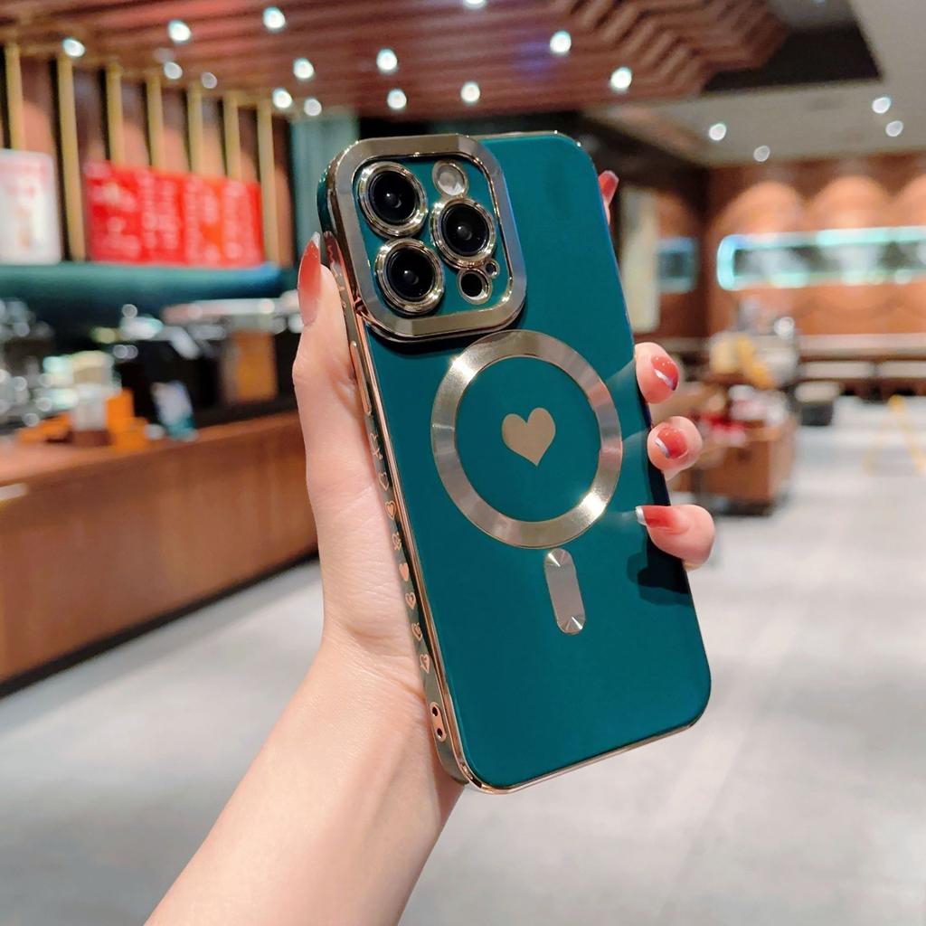 Применимо к чехлу для мобильного телефона iPhone17Pro 6D гальванический боковой чехол с магнитом в виде сердца Apple 15 защитный чехол с мелкими отверстиями 16