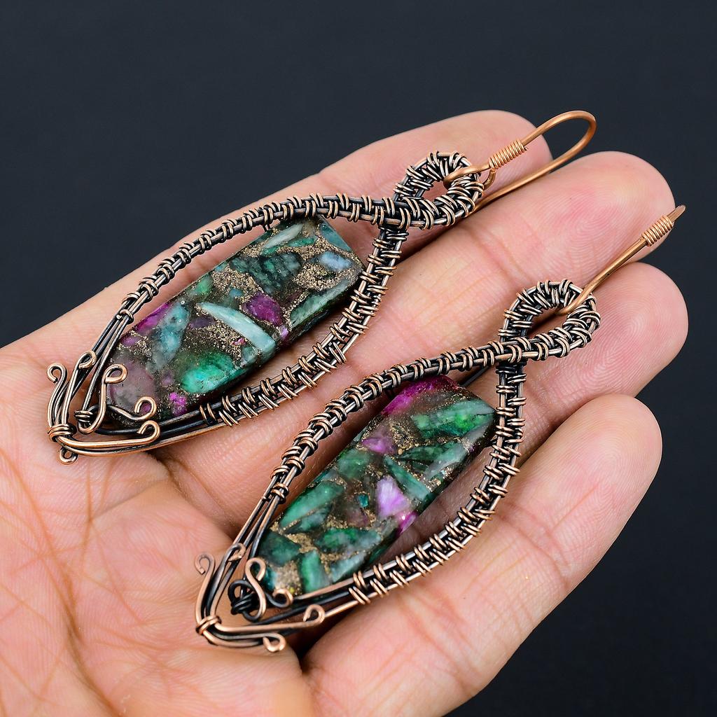 Ruby Zoisite Lab-Created Handmade Copper Wire Wrap Jewelry Earring 3.54 E7z18