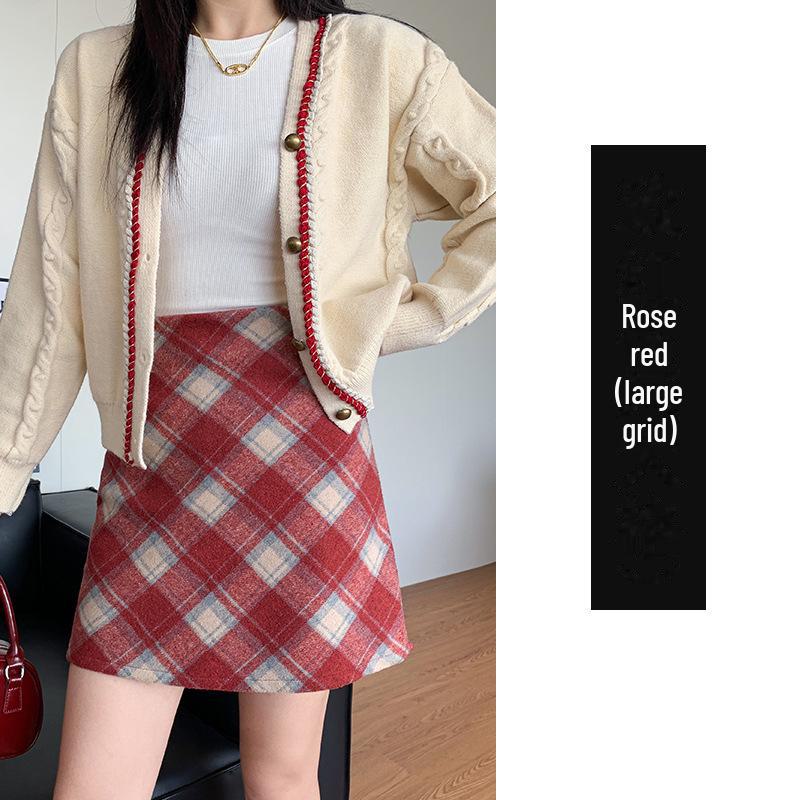 2024 High-Waist Plaid Woolen A-Line Skirt: Autumn/Winter College Style