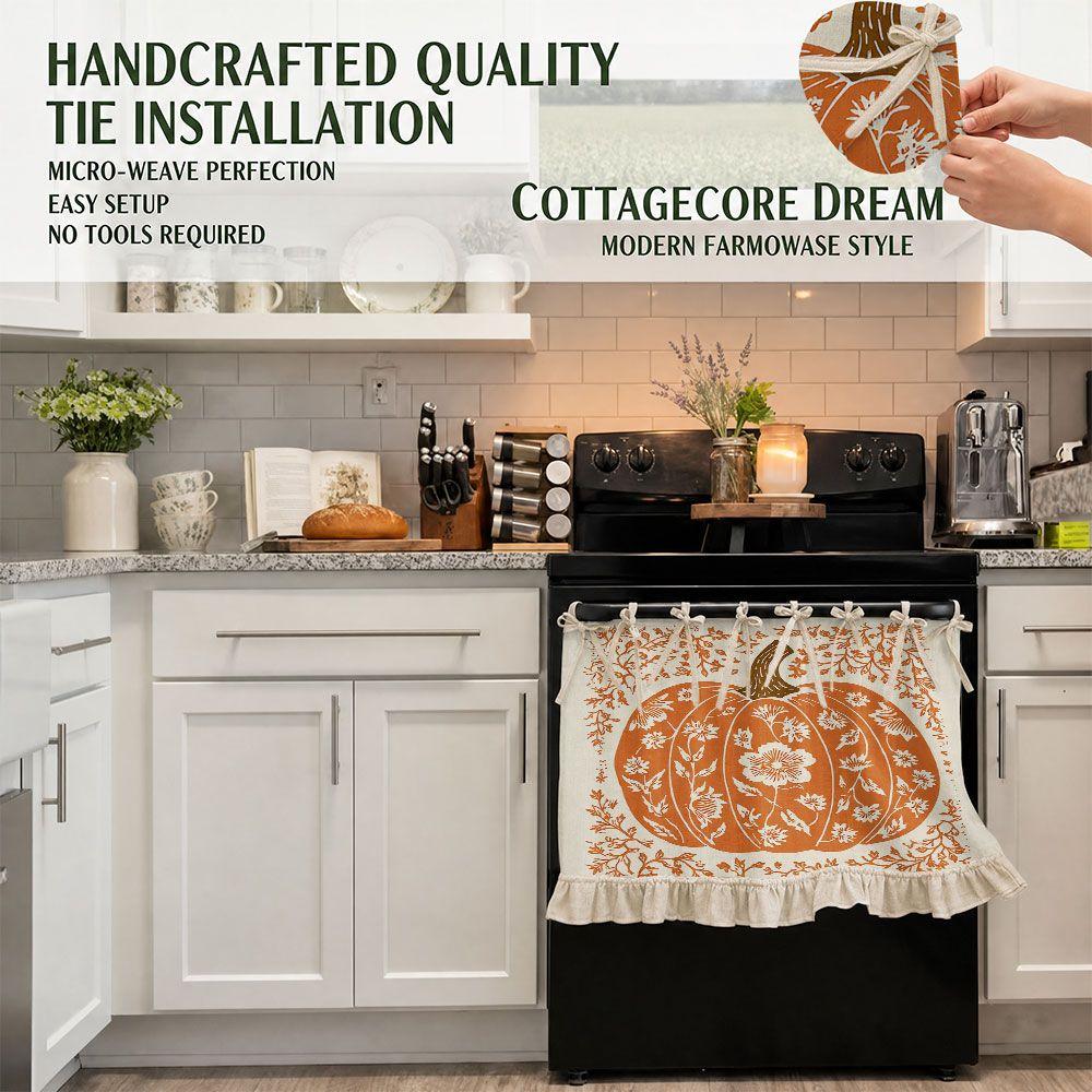 2D Halloween Autumn Pumpkin Pattern Oven Protective Curtain Dishwasher Cabinet Decor Cover Kitchen Tie Top Short Valance Curtain for Home Decoration