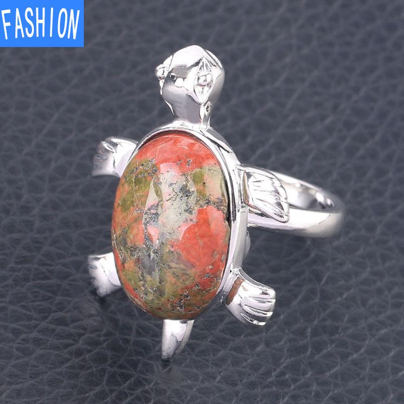 Симпатичное кольцо с натуральным кристаллом и черепахой, регулируемое открывающееся кольцо для женщин