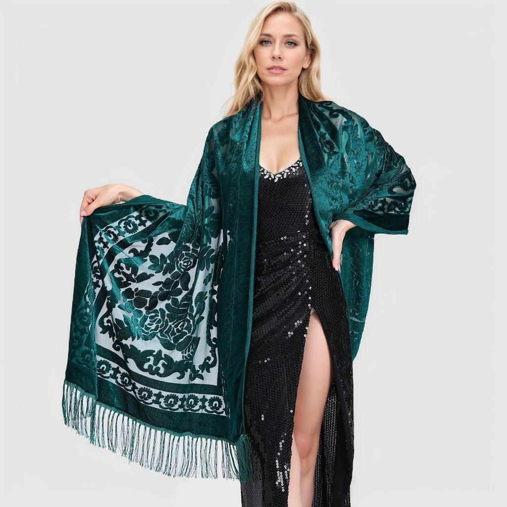 New National Style Elegant Velvet Cheongsam Shawl Versatile Long Tassel Scarf Warm Air Conditioning Shawl