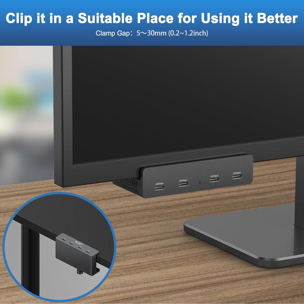 YW-HCL-4C-Pro 4 Ports USB C 3.1 Hub 10Gbps High Speed Data Transfer Clip On External Dock Station