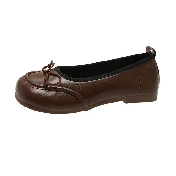 Весна 2024 года, новые модные популярные женские туфли с бантом красного цвета, универсальные туфли с круглым носком и мягкой подошвой на плоской подошве, с неглубоким вырезом, Zapatos Mujer