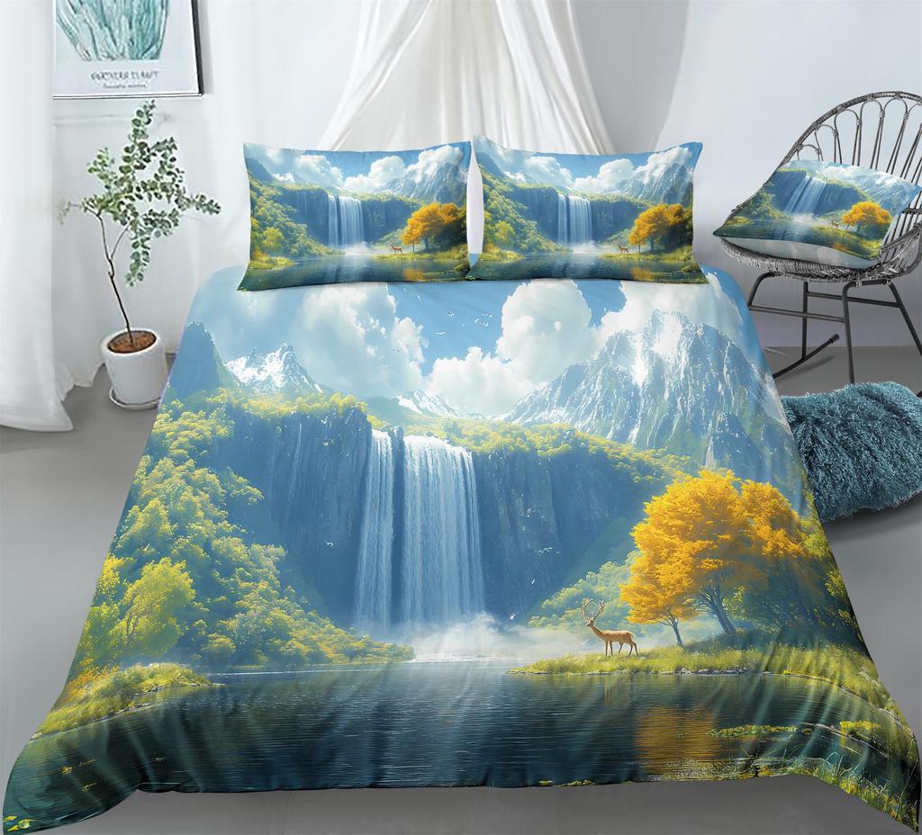 Наборы Пододеяльников с Принтом «Водопад» Для Подростков Взрослых Размер Queen Легкие Покрывала на Одеяло Декор Комнаты 2 Наволочки 1 Пододеяльник Без Одеяла