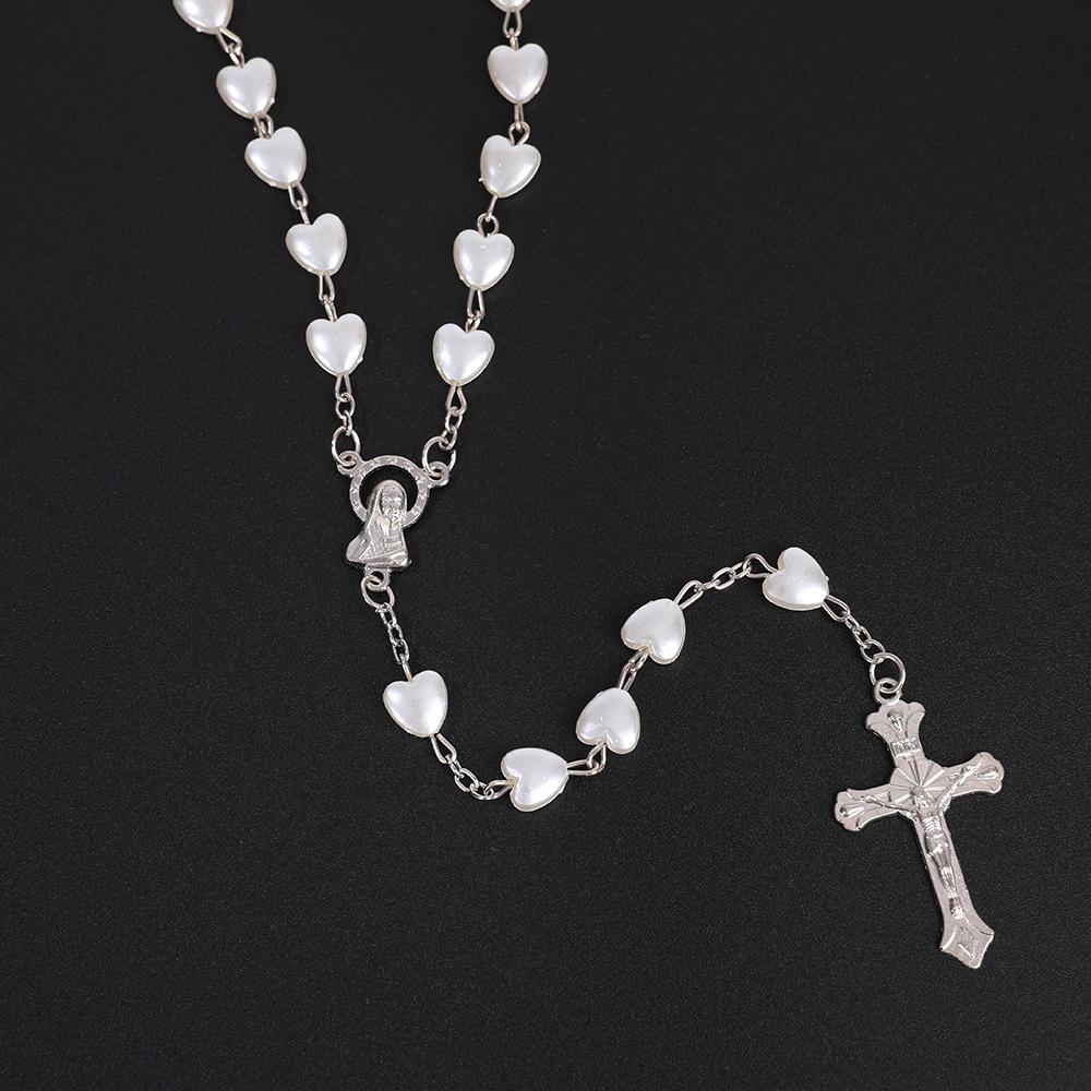 New Pink White Heart Rosary Necklace For Women Virgin Mary Cross Pendant Beads Chain Men Religion Prayer Party Jewelry Gift