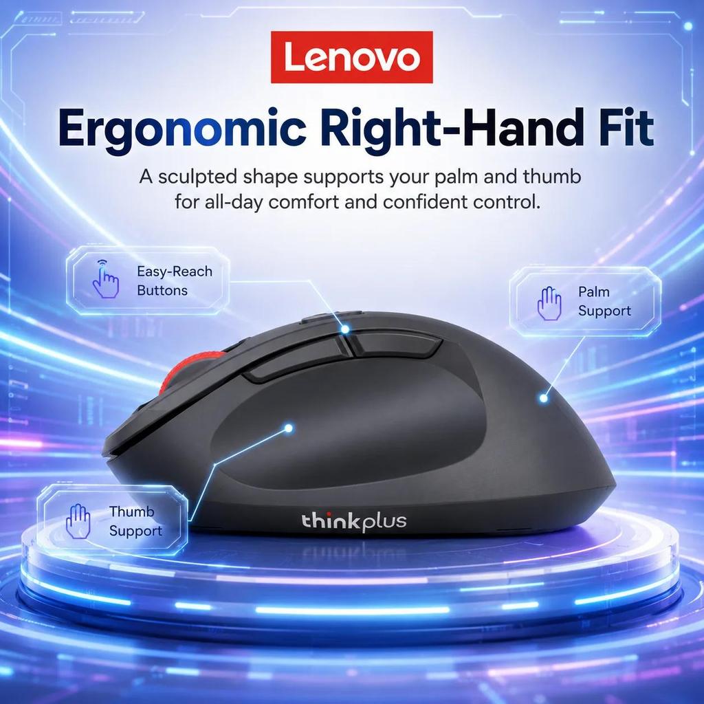 Lenovo Беспроводная мышь Thinkplus M30 2,4 ГГц, 6 кнопок, 4 регулируемых DPI до 1600, эргономичная, Plug & Play, офисная мышь для Windows Mac Laptop PC