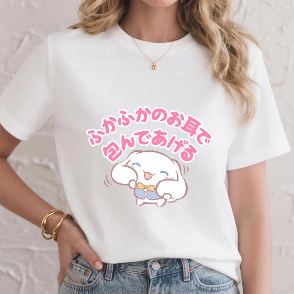 Cinnamoroll Fluffy Ear Hug Print Cotton T Shirt for Women Casual Soft Comfortable Top Summer Cute Everyday Wear