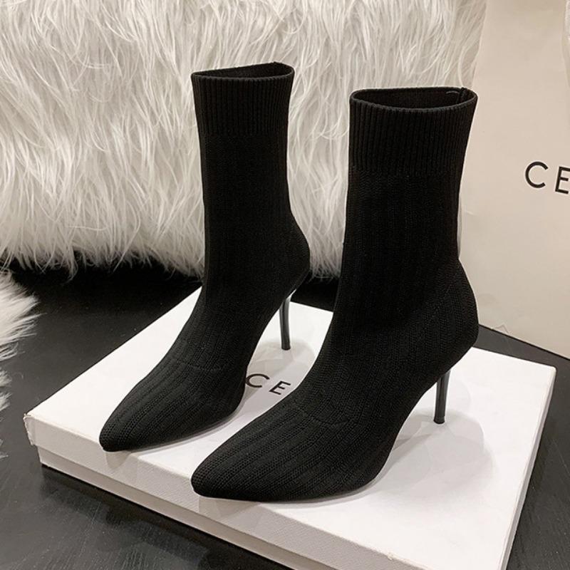 Новые женские осенние вязаные эластичные короткие сапоги на толстом каблуке