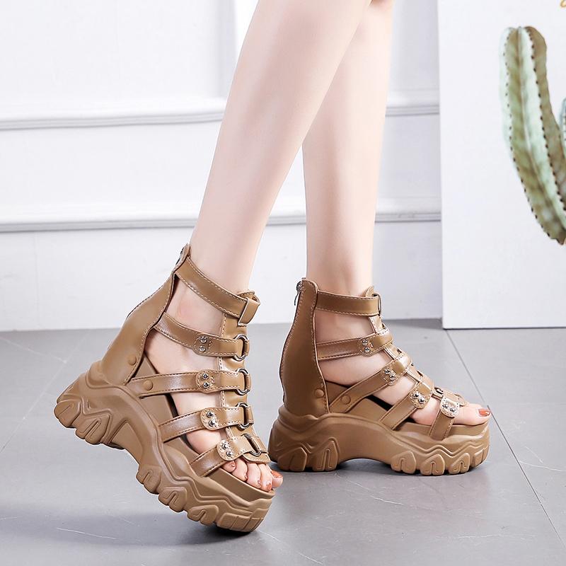 Fashion 2025 Women Thick Bottom Gladiator Shoes Woman Summer Chunky Sneakers High Platform Sandals Hollow Out 11CM Wedge Heels Beach