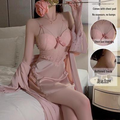 Пижамный комплект Guiruo Plus Size с нагрудными накладками и поддерживающими ремнями - Включает ночную рубашку и уютный халат