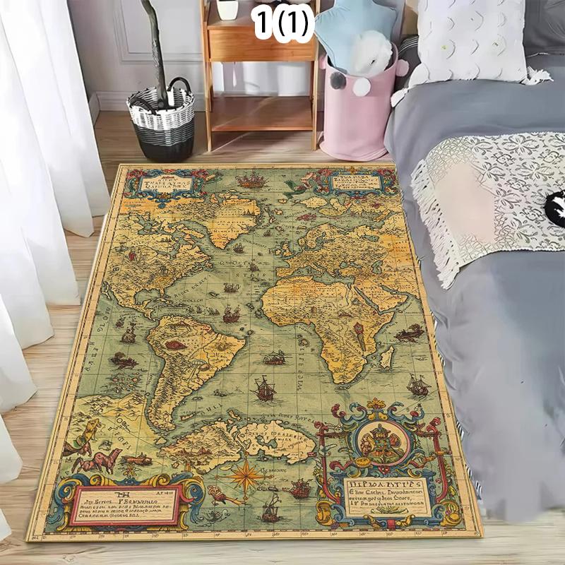 Vintage World Map Area Rug Kids Play Mat Non-Slip Washable Floor Mat Doormat Nautical Print Retro Adventure Carpet for Bedroom