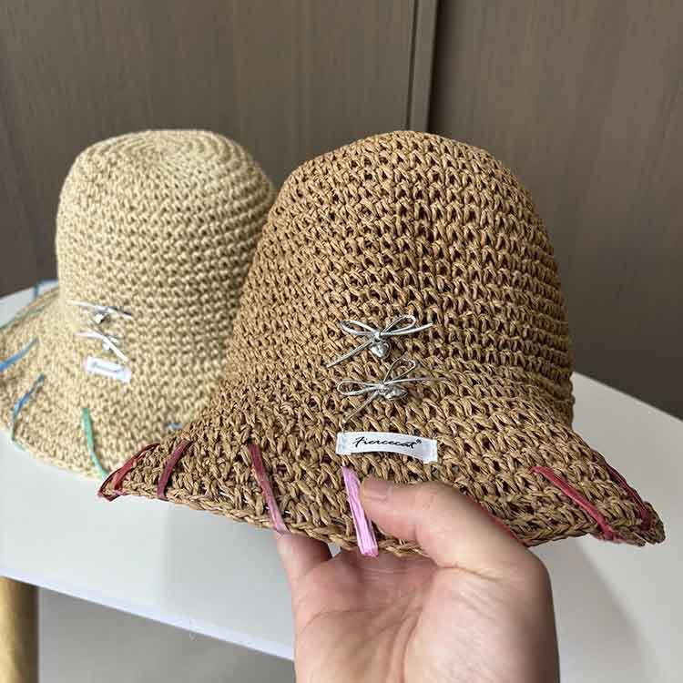 ins bow straw hat women's summer vacation wind beach hat big brim sunshade sun protection versatile papyrus woven hat