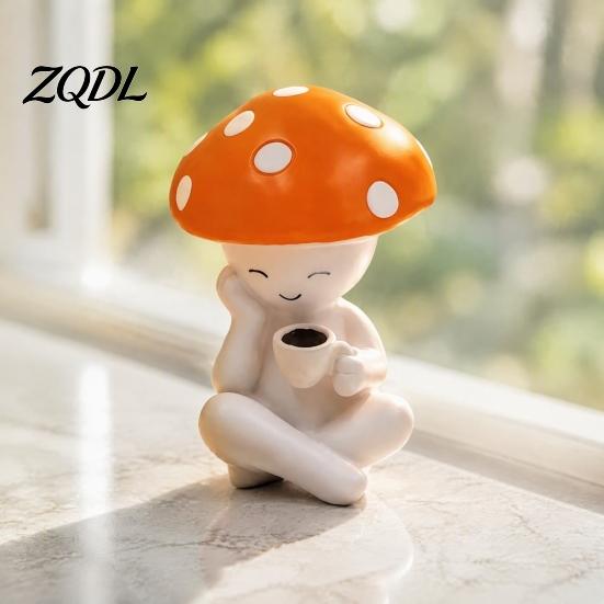 Decorative Mushroom Dolls Meditation Resin Figurine, Cute Red Statue for Desk Office Small Ornaments Windowsills Living Room Tabletop Decor,