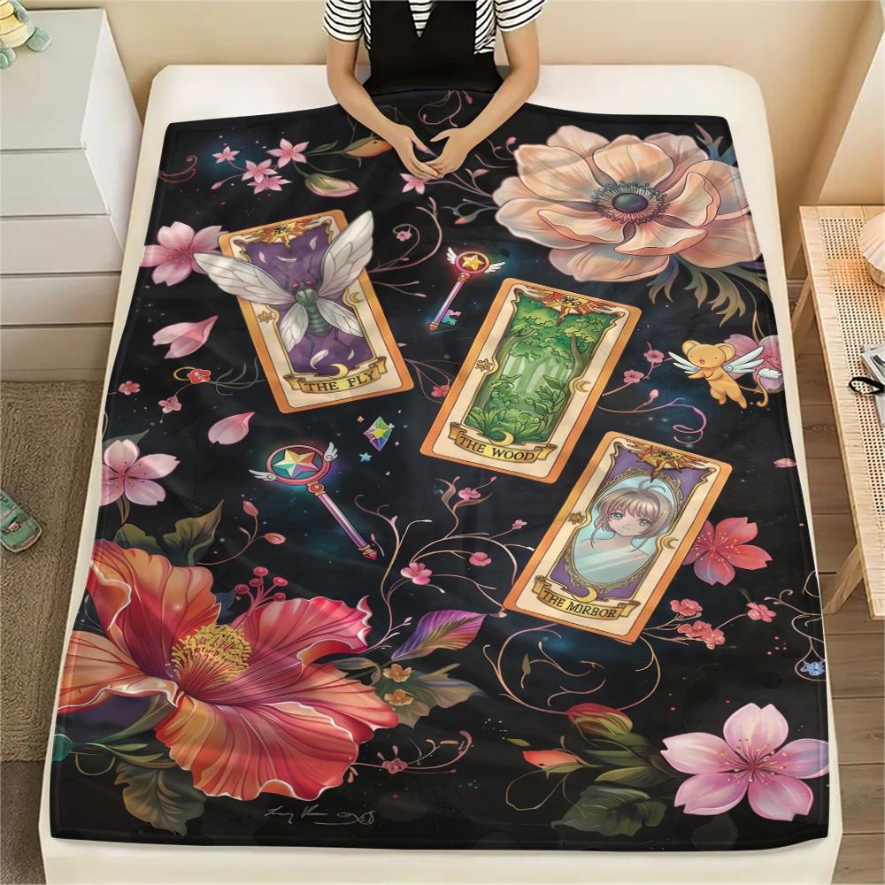 Warm Cardcaptor Sakura Pattern Flannel Blanket Cozy Print Throw for Bedrooms Sofas Chairs Travel Picnic Multi-use-Xin