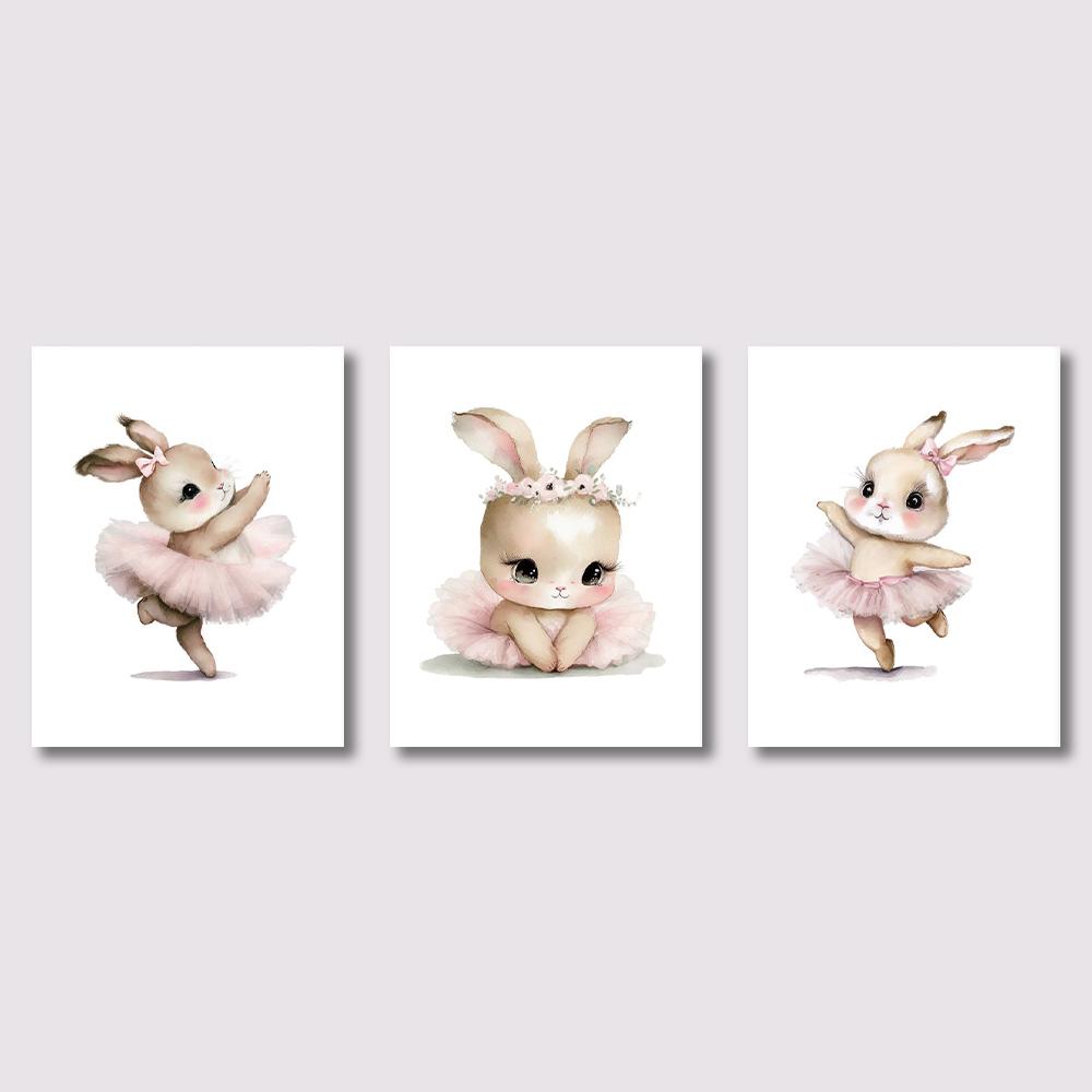 3pcs Cute Ballerina Bunny Ballet Canvas Posters Woodland Animal Print Painting Girls Room Decor Rabbit Wall Art Nursery Decor
