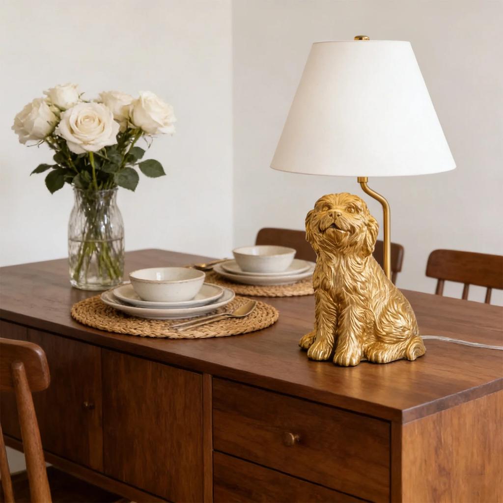 Серия Декор для дома: Настольная лампа в форме собаки с лакированным золотом абажуром и коническим льняным абажуром