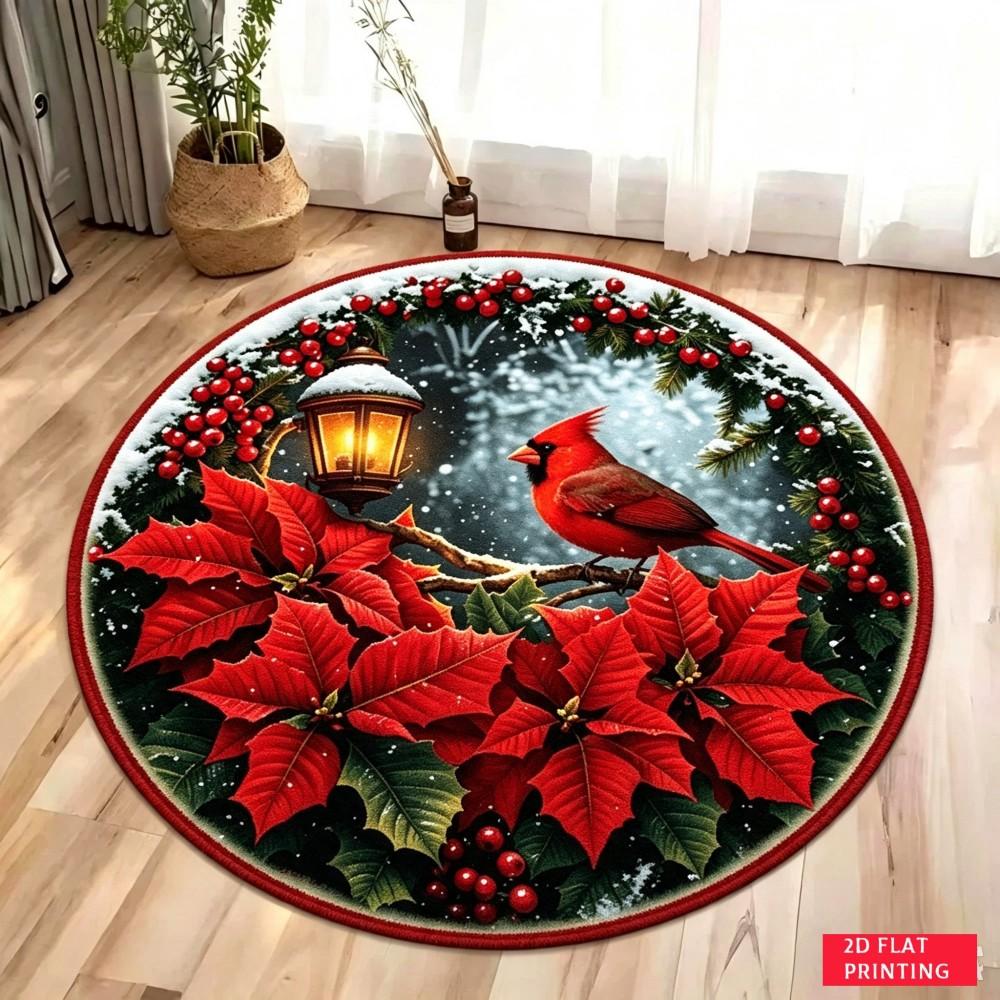 Christmas Round Area Rug Cardinal Bird Poinsettia Flower Floral Winter Holiday Non-Slip Floor Mat Carpet for Living Room Bedroom