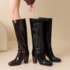 Krazing Pot Кожа спилок коровы Круглый носок Толстый высокий каблук Рыцарские сапоги Размер 46 Размер 45 Слипоны Большой размер Женские Металлическая пряжка Ботфорты
