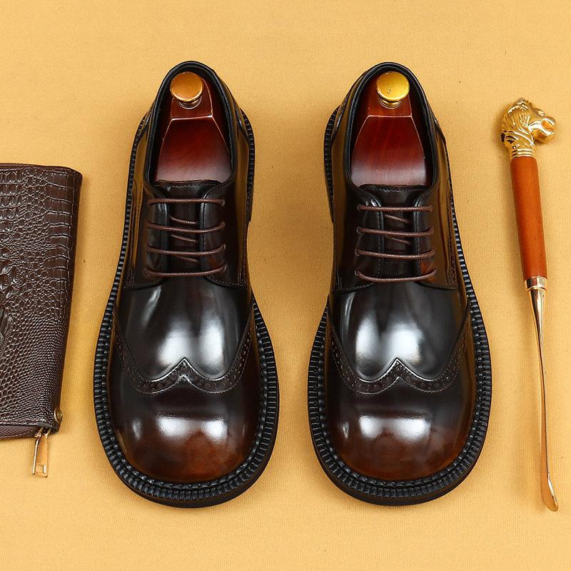[Во время мероприятия] Деловые повседневные кожаные туфли мужские с большой головкой из кожи с британской гравировкой, широкие толстые ноги