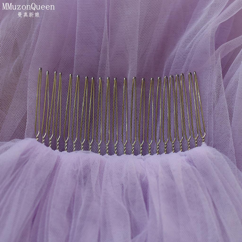 Plain Solid Color Tulle Bridal Veil Single Layer Soft Flowy Simple Wedding Veil White Lavender Light Blue Floor Length Veil For Bride Elopement Shoot