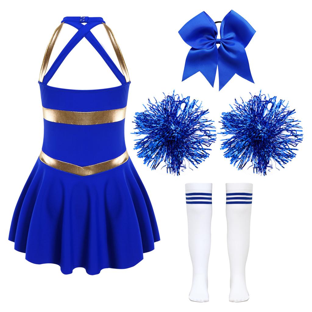 Kids Girls Shiny Cheerleading Costume Schoolgirls Dance Dress Uniform Complete Outfit with Pom Poms for Halloween Party