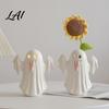 Small Ghost Figurine Vase Light Up Ceramic Figurines for Halloween Decor Cute White Statue Decorative Sculpture with Pink Tongue LED Night
