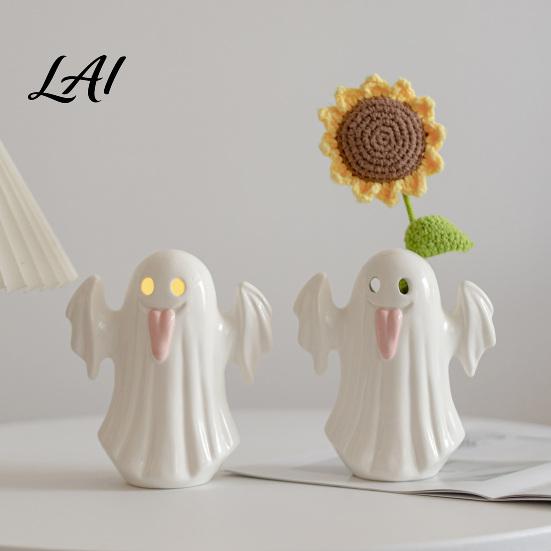 Small Ghost Figurine Vase Light Up Ceramic Figurines for Halloween Decor Cute White Statue Decorative Sculpture with Pink Tongue LED Night