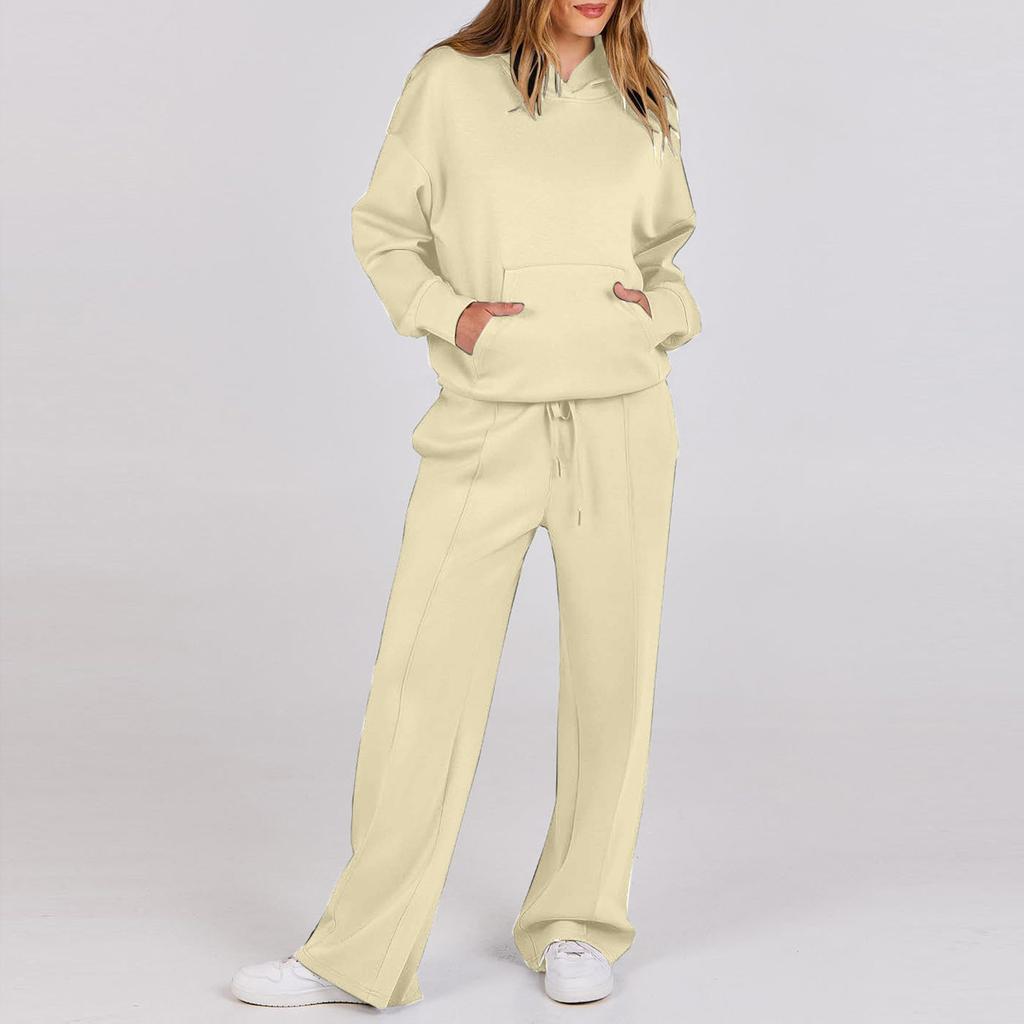 Women's Casual Solid Color Long-sleeved Hoodie Straight Pant Suit