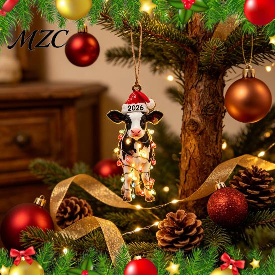 Creative Christmas Gifts for Family Animal Hanging Ornaments with Lanyard, Cute Double Sided Pendant 2026 Shaped Charms Santa Hat, 2D Flat Acrylic