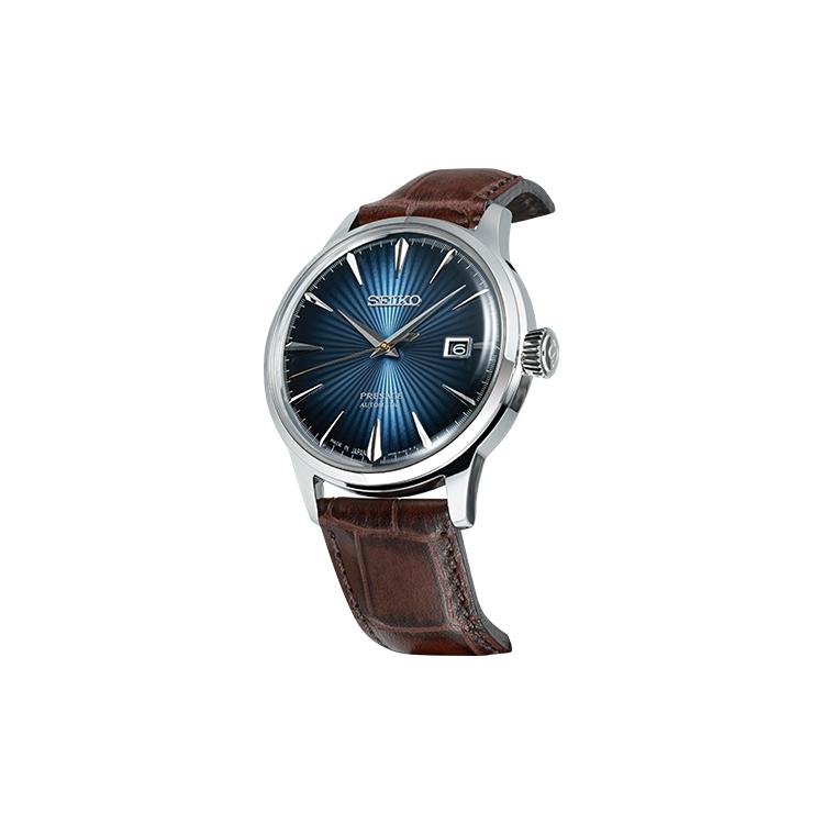 Seiko Мужские часы с механическим механизмом и кожаным ремешком, синий циферблат SRPK15J1