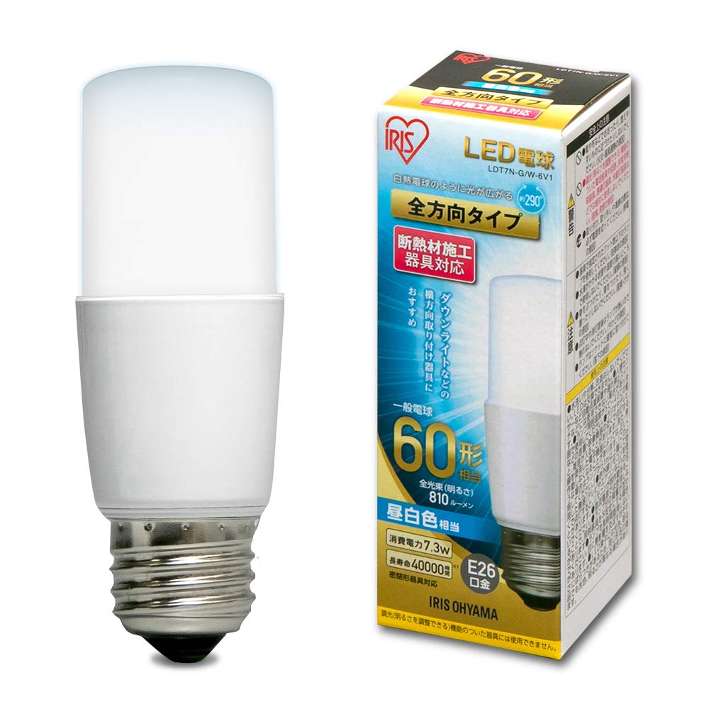 Iris Ohyama LED Light 26mm E26 60W Daylight Bulb, Base, T-Shaped, Omnidirectional, Equivalent, White, LDT7N-G/W-6V1 (Single Item)