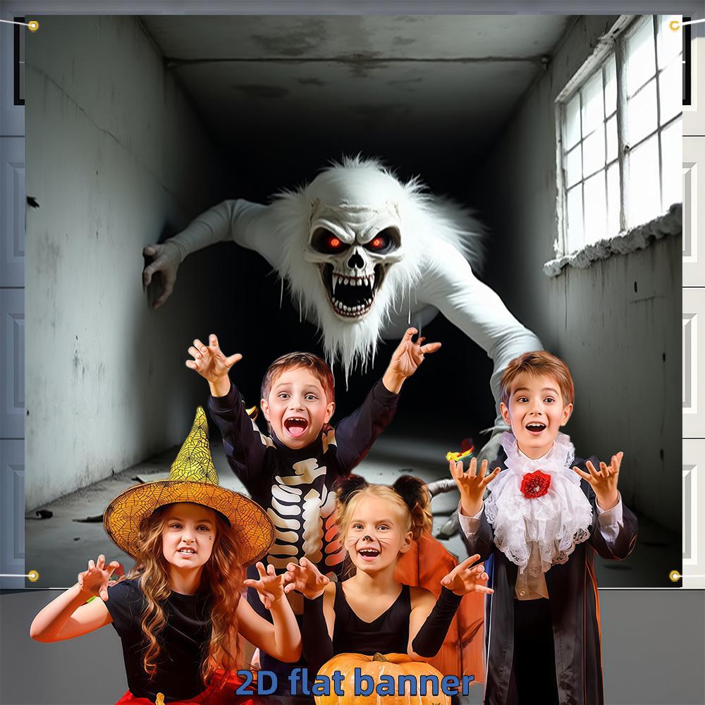 2D flat 1pc Halloween garage door banner - Terrifying white-haired monster polyester indoor/outdoor decoration for parties