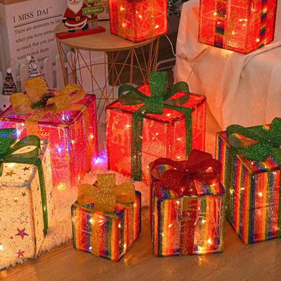 Christmas Light Gift Box Ornaments Set Holiday Cheer Glowing Lights Festive Holiday Tabletop Mantel Party Decor for Indoor Outdoor