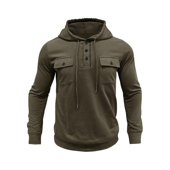 Fall Spring Men Top Drawstring Chest Pockets Buttoned Hooded Long Sleeves Pure Color Elastic