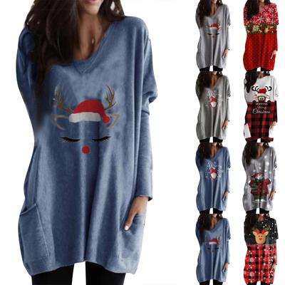 Женский повседневный модный топ с длинными рукавами и карманами средней длины с рождественским принтом Merry Christmas
