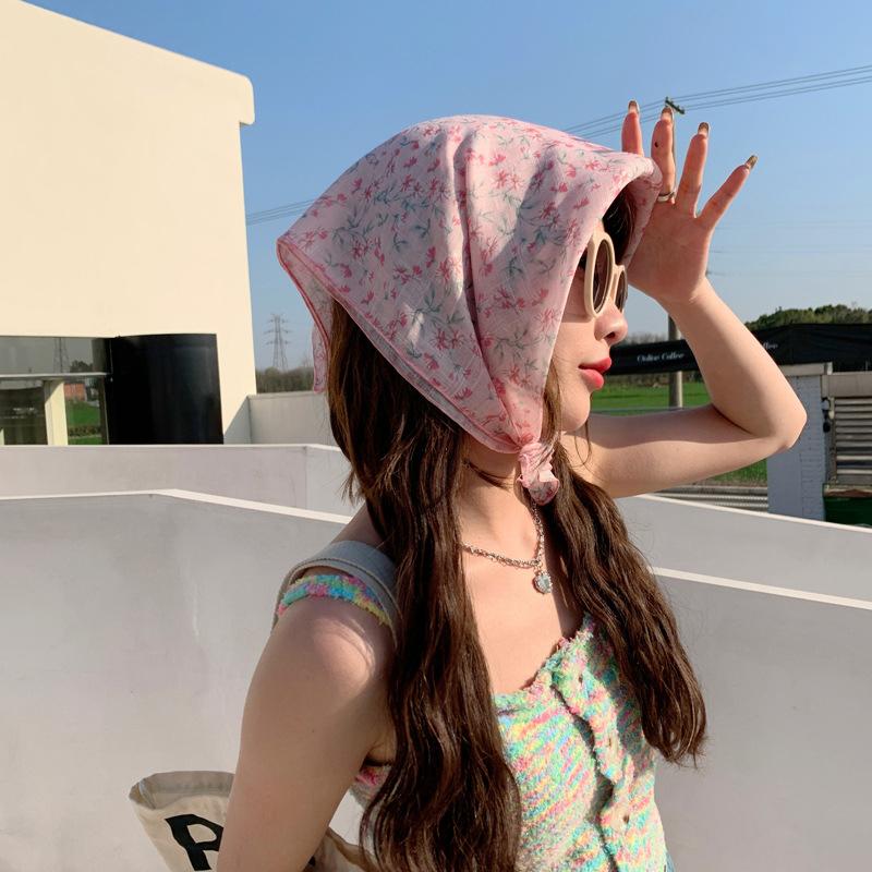 55Cm Sweet Floral Print Small Square Scarf For Women Girl Cute Soft Flower Scarf Hairband Headband Korean Hair Scarves