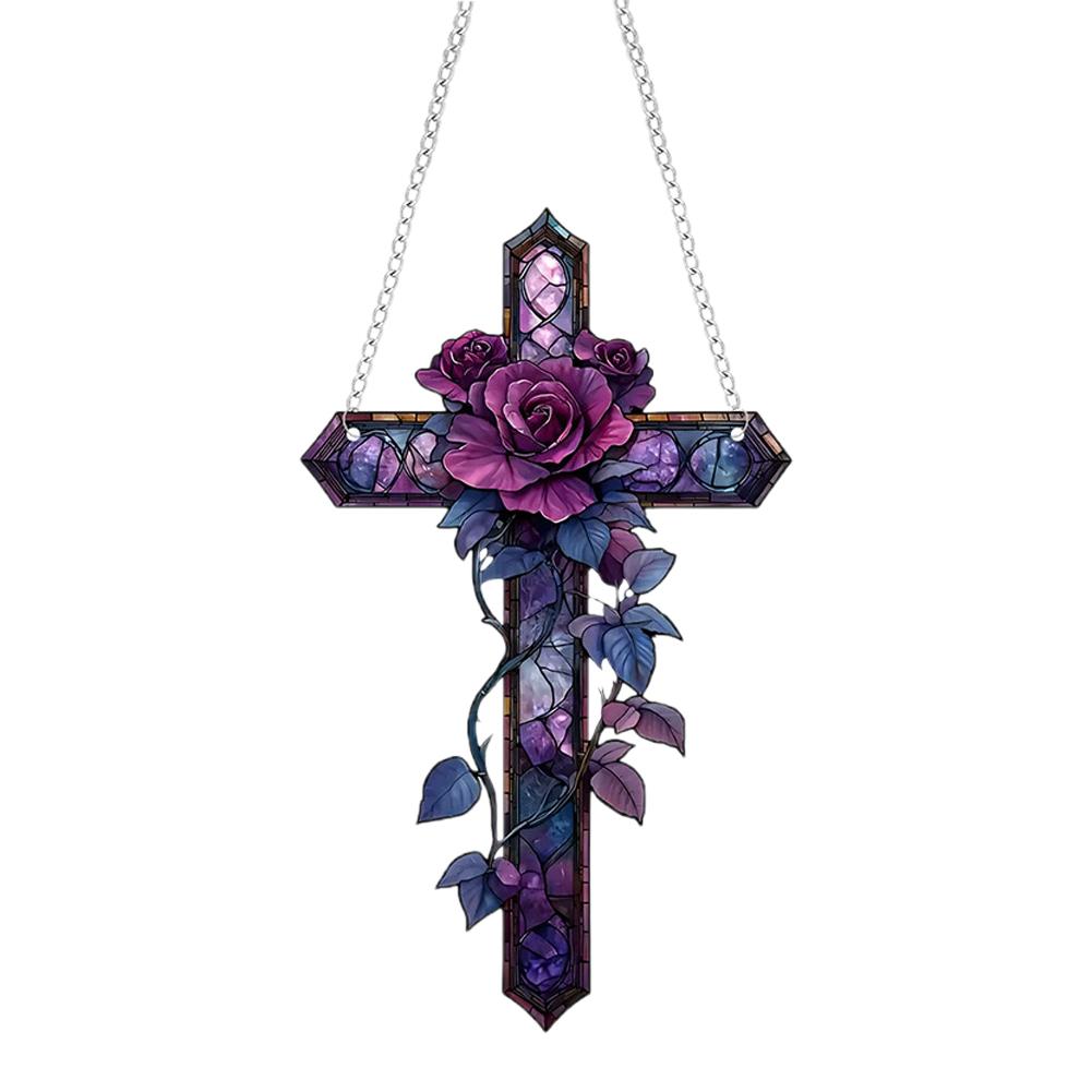 Purple Rose Cross Sun Hanging Ornament Suncatcher Hanging Ornament Tree Handmade Gift Decor Chr C6T6