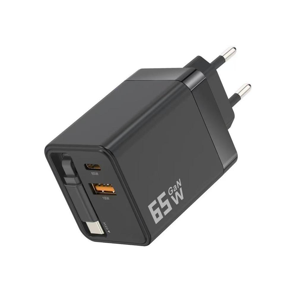 Двухпортовое GaN-зарядное устройство PD65W британского стандарта с выдвижным кабелем: Быстрая зарядка A+C