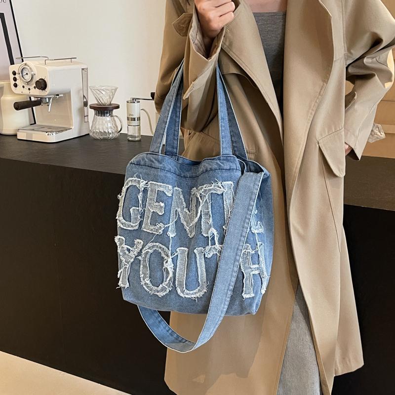 Джинсовая сумка-тоут, женская сумка через плечо с буквенным принтом, большая вместительная портативная сумка через плечо