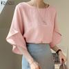 Women Casual Round Neck Ruffles 3/4 Sleeve Loose Blouse