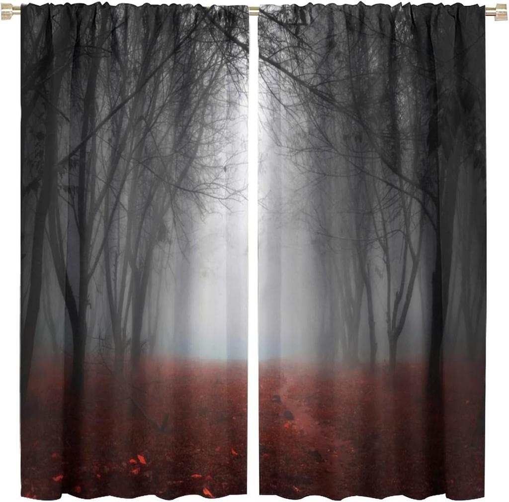 Gothic Dark Misty Forest Curtains, Mysterious Horror Foggy Dim Dead Jungle Under Strange Bright Moon,Thermal Insulation Blackout