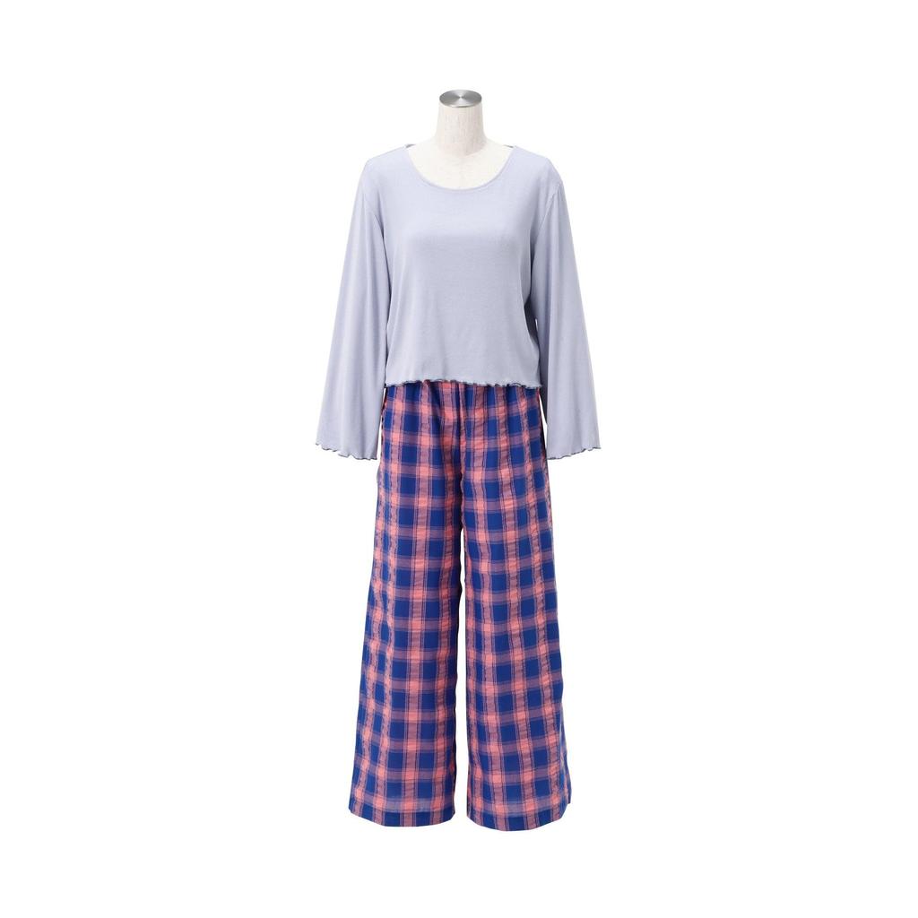 Francfranc Check Pattern Ribbed Cute Loungewear, Blue, Casual, Material,