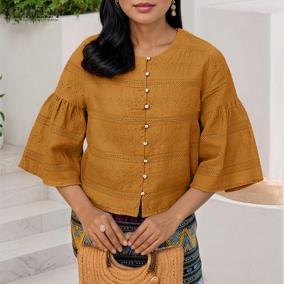 Женская повседневная блузка с коротким рукавом и оборками в стиле пэчворк из кружева